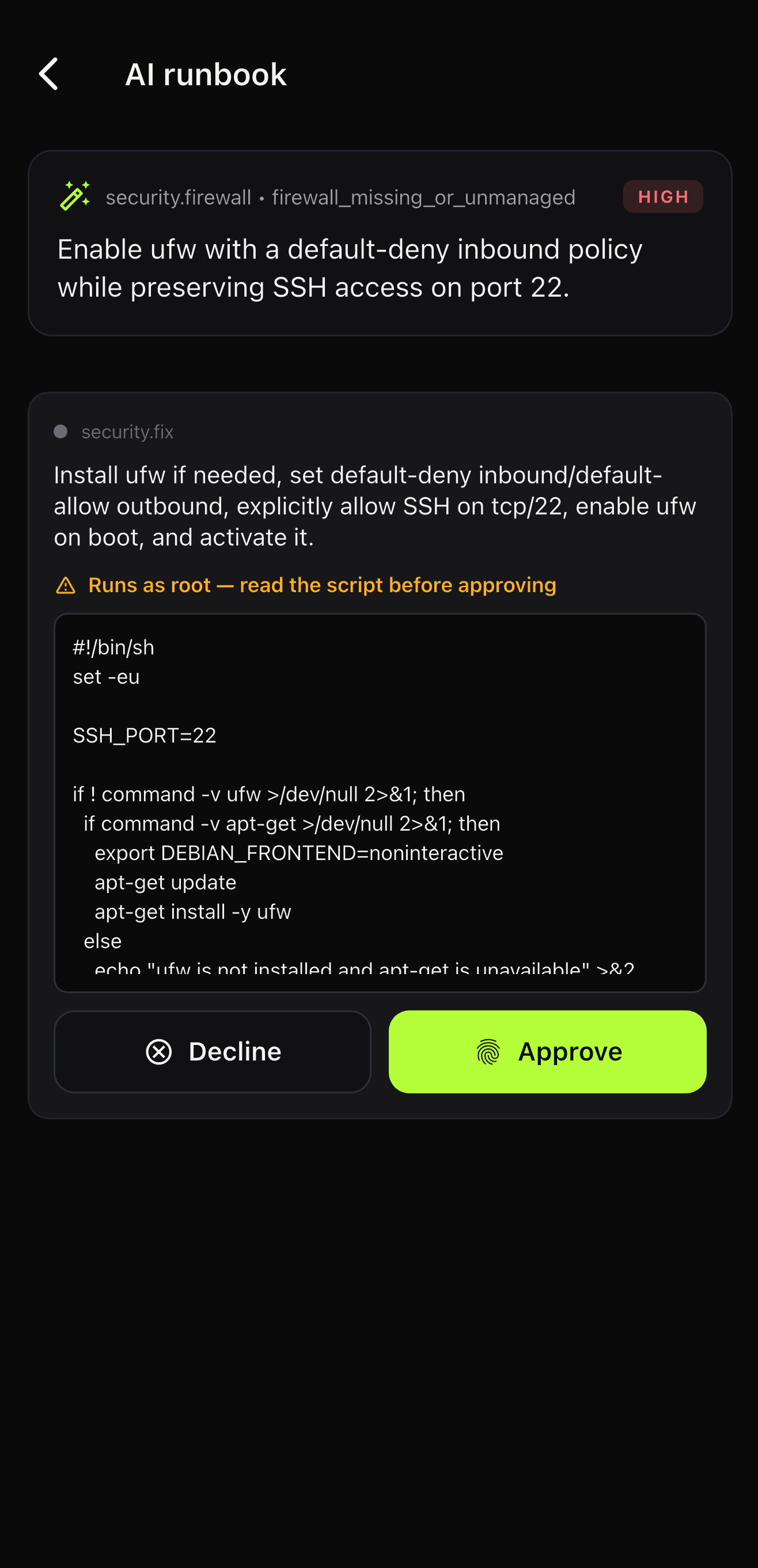 AI runbook approval sheet with the script shown before approving