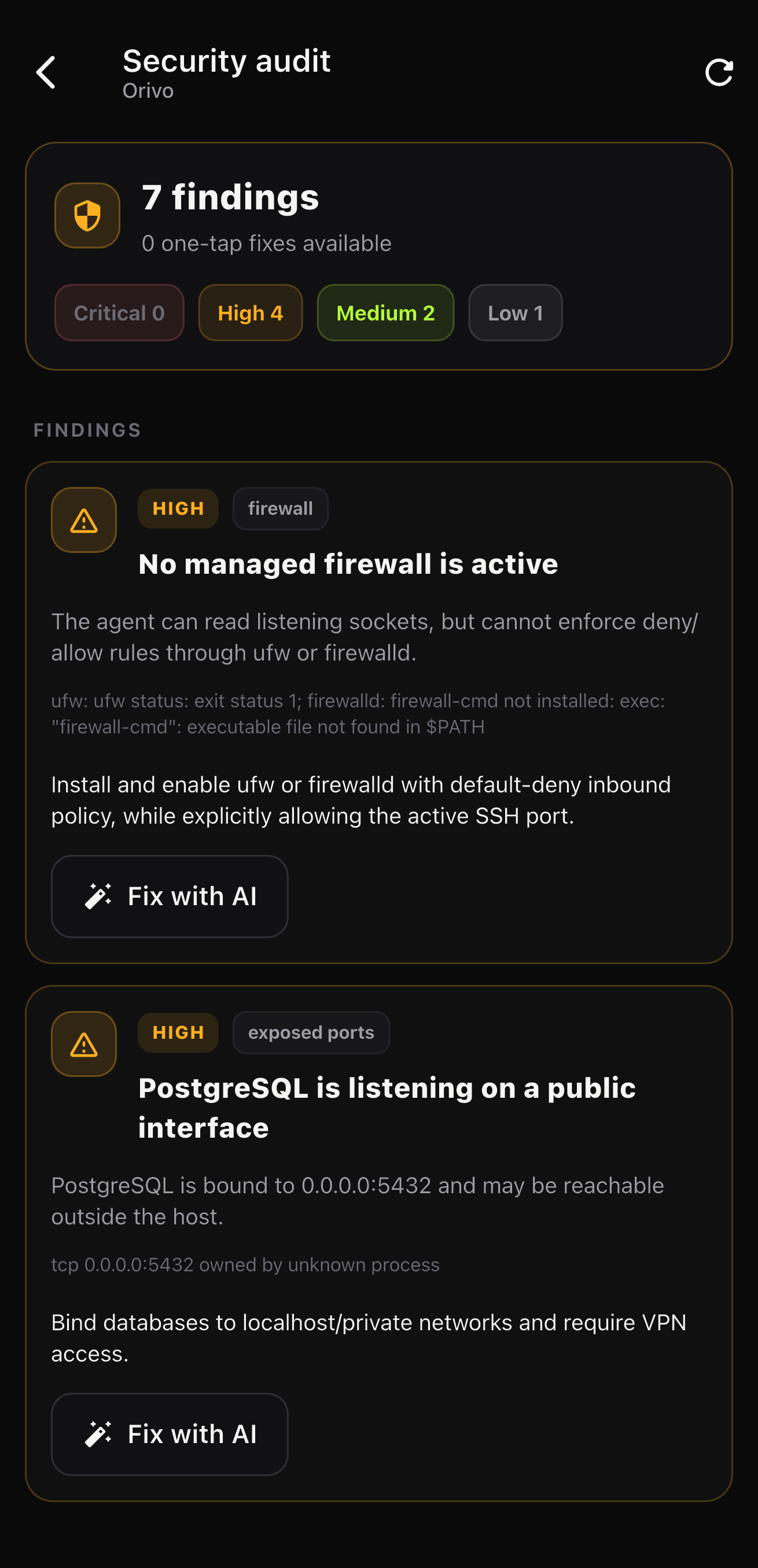 Security audit findings with severities and AI fixes