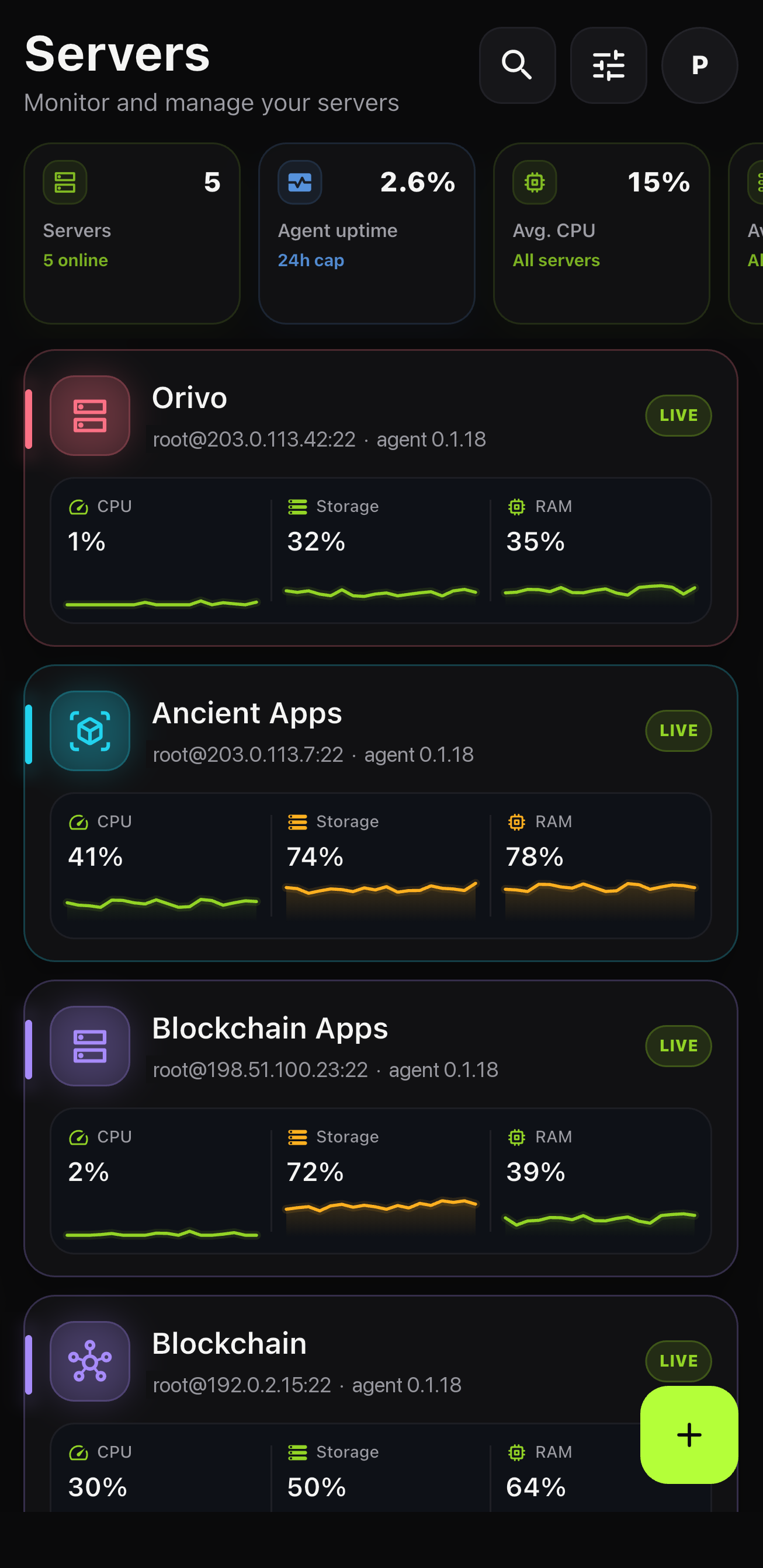 rootmote fleet view: servers with live CPU, storage and RAM